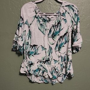 Fever Teal and White Leaf Pattern Blouse